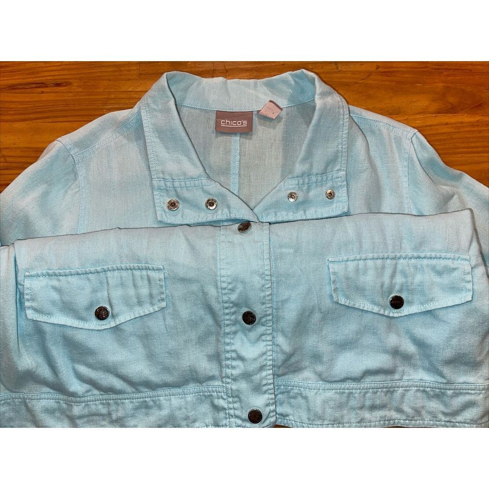 Chicos‎ Jacket Women 2 100% Linen Light Blue Snap Sleeve Pocket Shacket